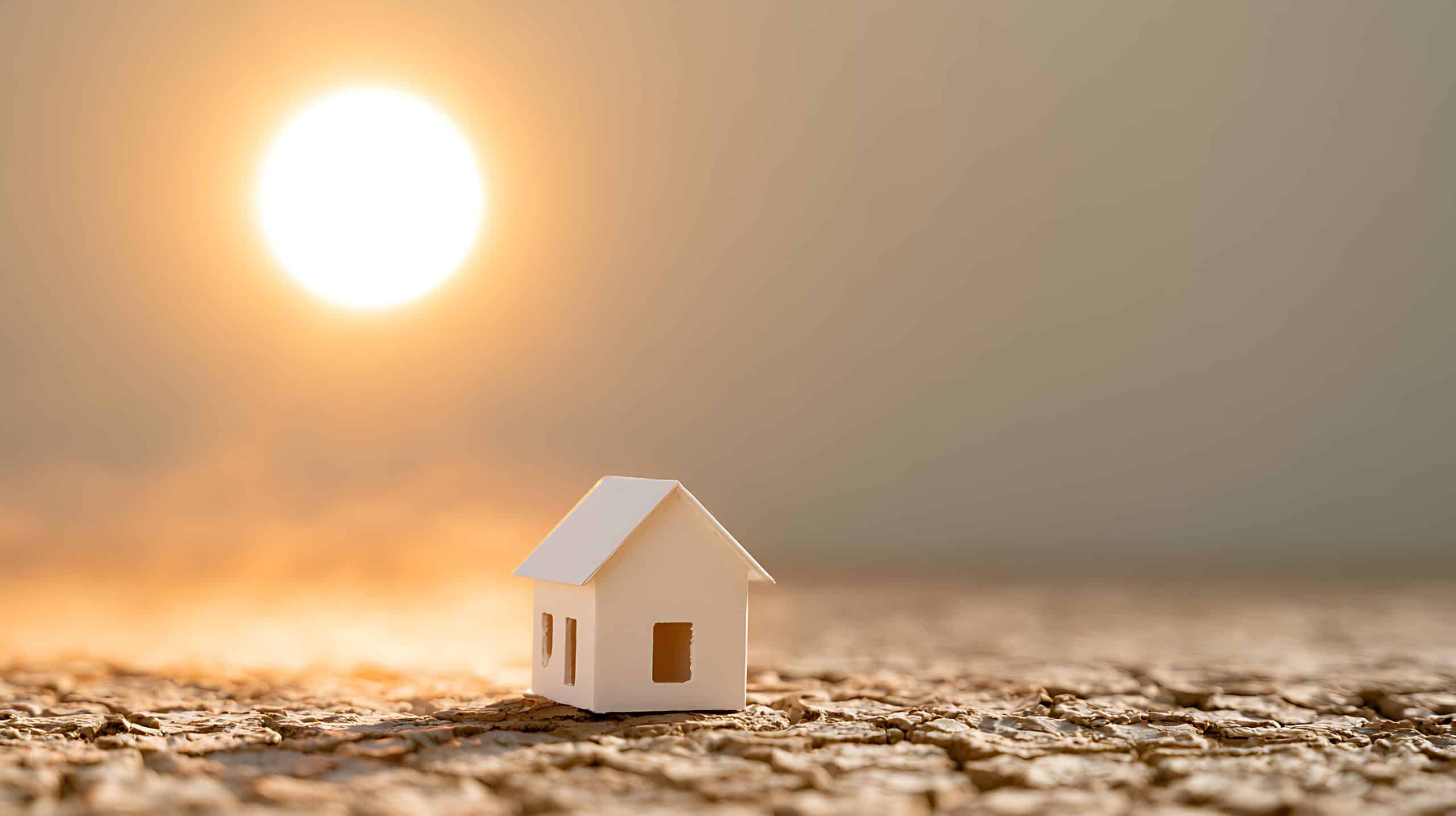 Small paper house model on dry cracked earth ground under bright sun light heat wave drought symbol climate change environment concept